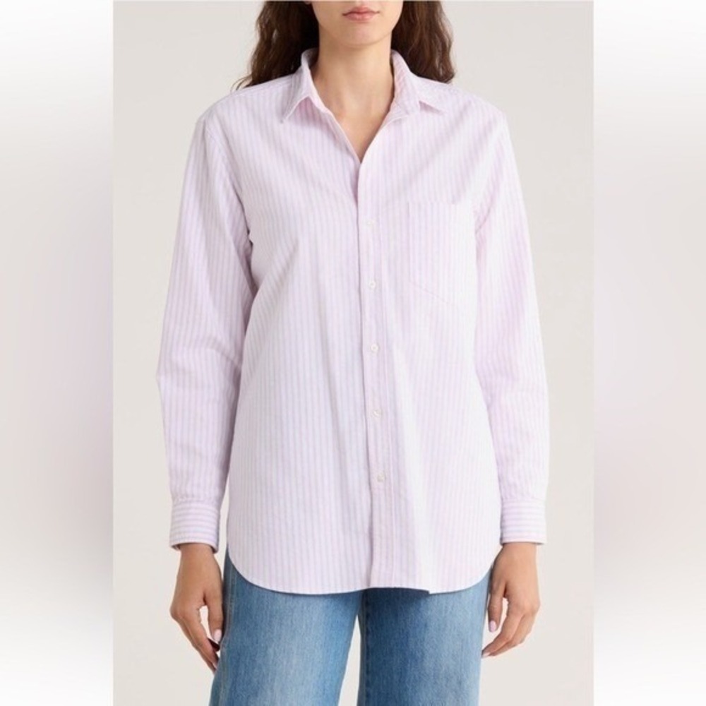 Frank & Eileen Joedy Boyfriend Cotton Button-Up Shirt WIDE PURPLE STRIPE NEW‎ S - Picture 4 of 12